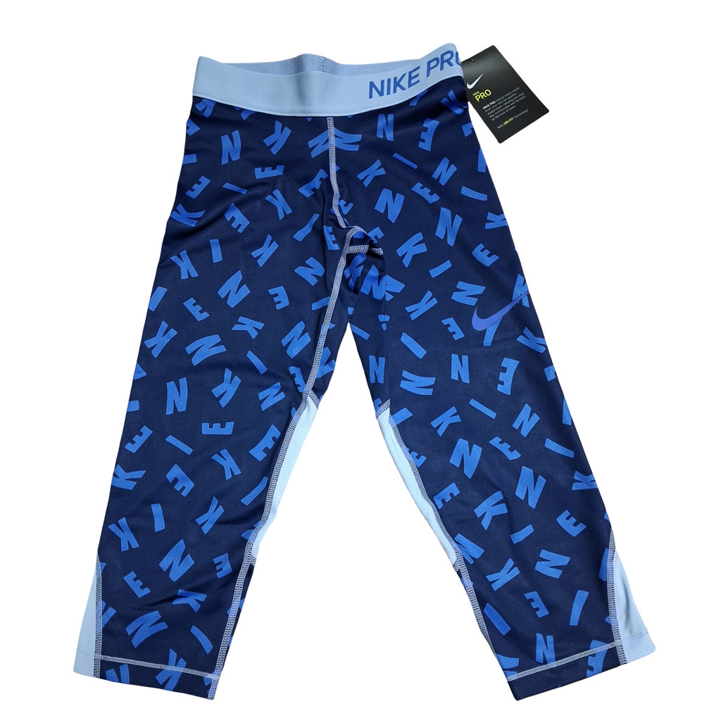 Nike Pro Girls Capri Leggings Medium Dri-Fit Blue Print Cropped Pants New